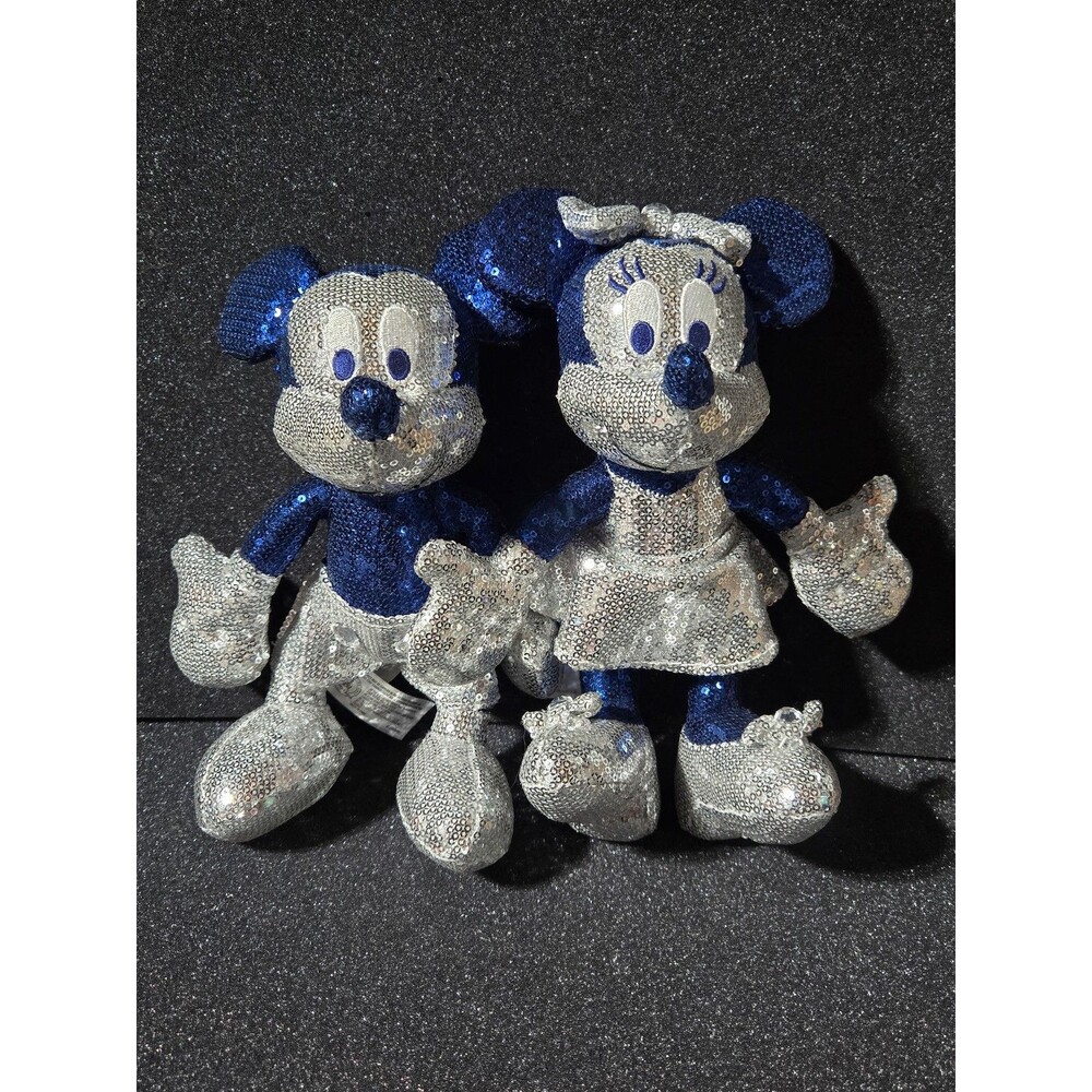 Disneyland 60th Diamond Anniversary Sequin Mickey Minnie Mouse Plush Set Blue 9"
